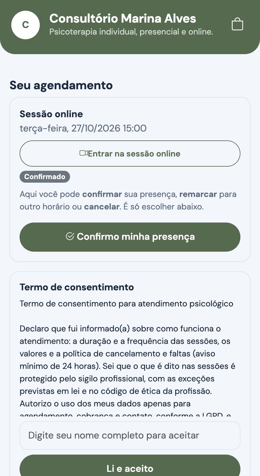 Link do paciente com sessão online