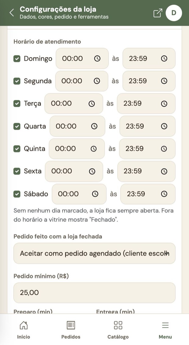 Horário e pedido mínimo