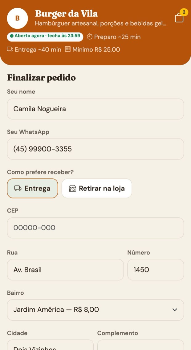 Bairro e frete