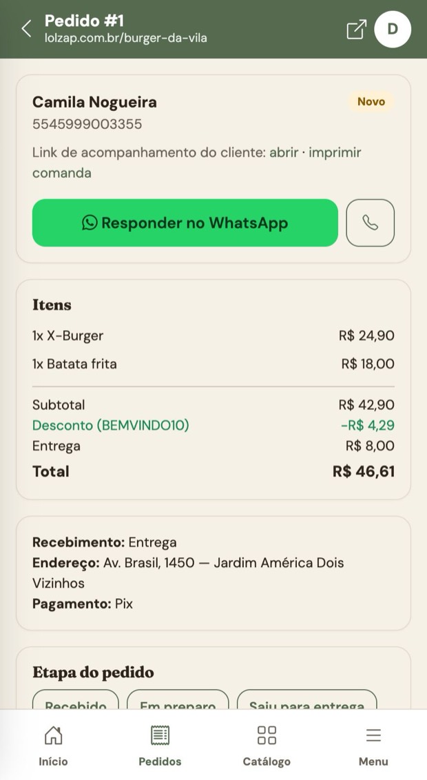 Pedido com desconto e frete