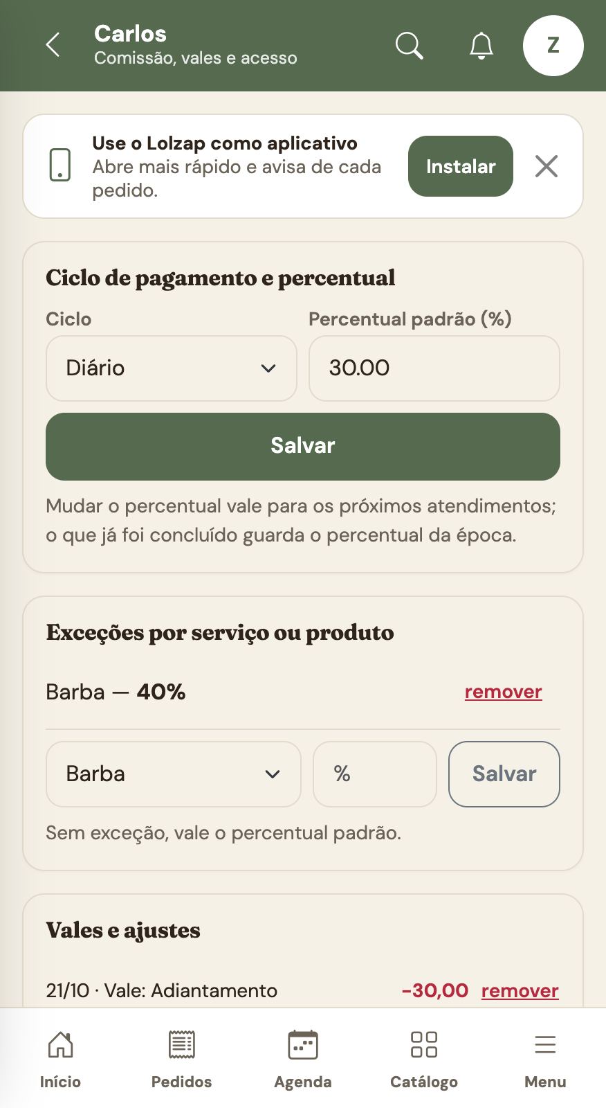 Ficha do barbeiro com ciclo e exceções