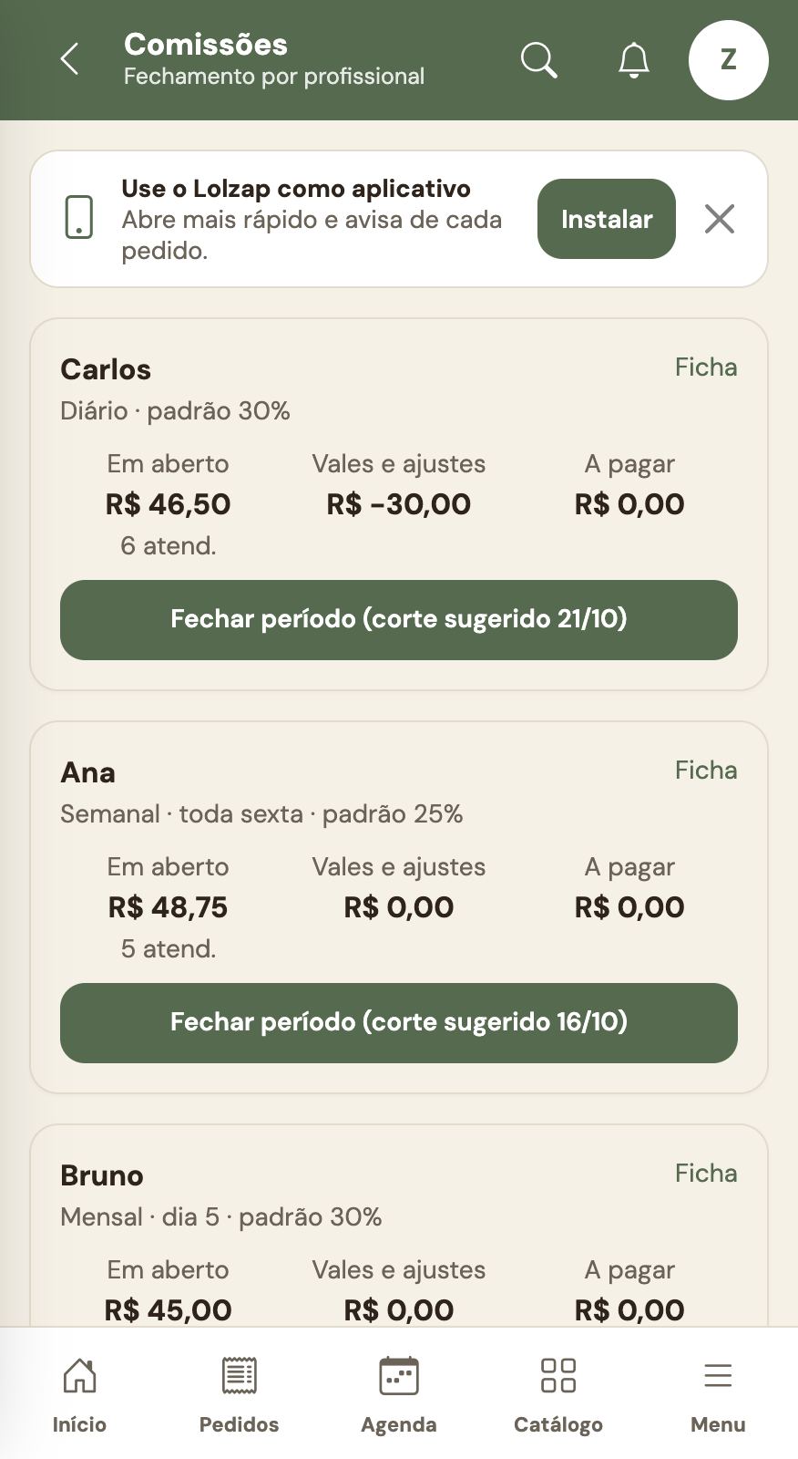 Comissões por profissional