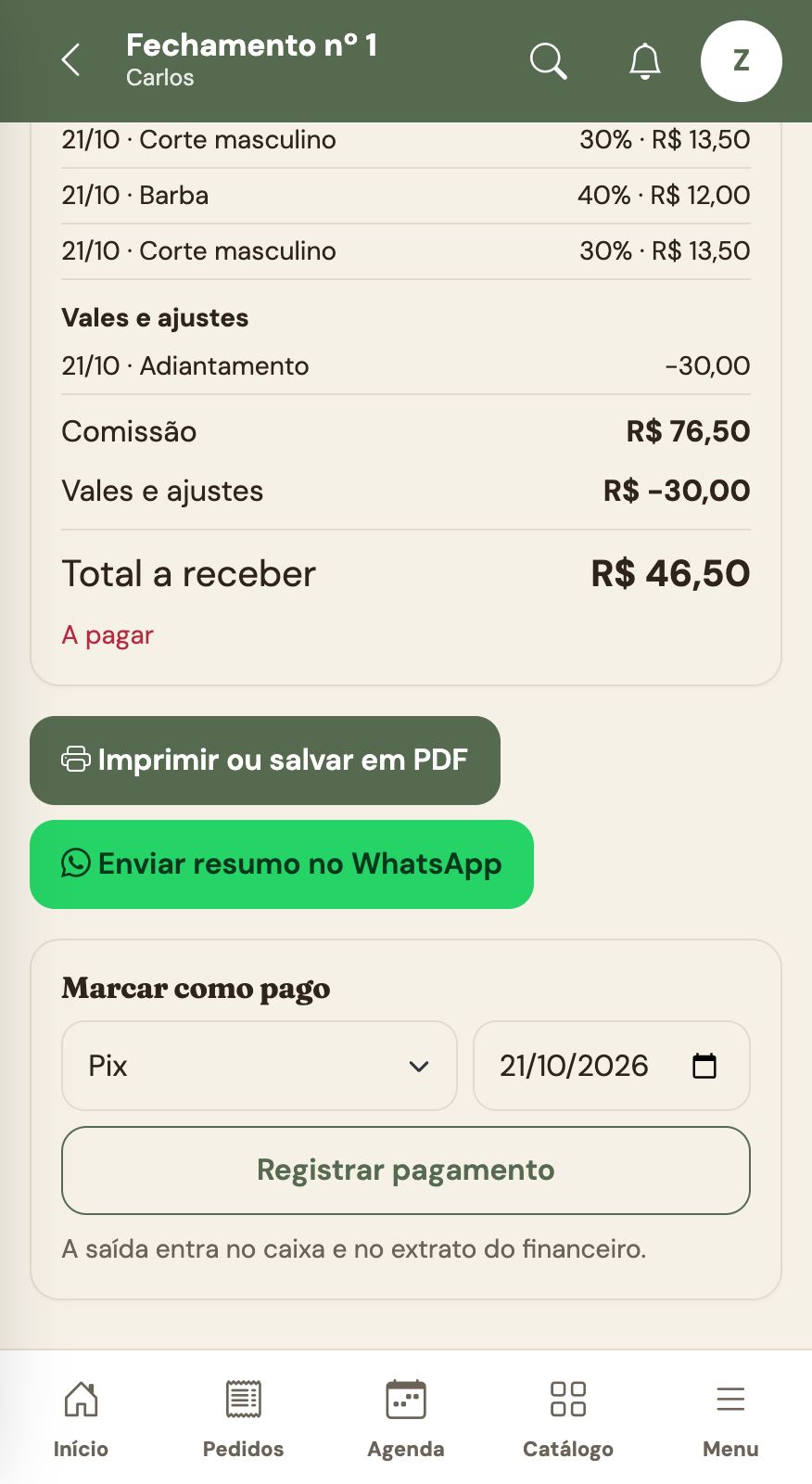 Recibo do fechamento