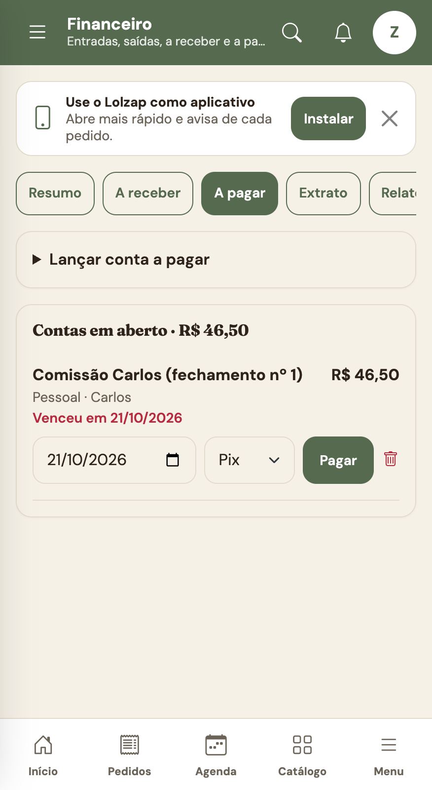 Conta a pagar da comissão
