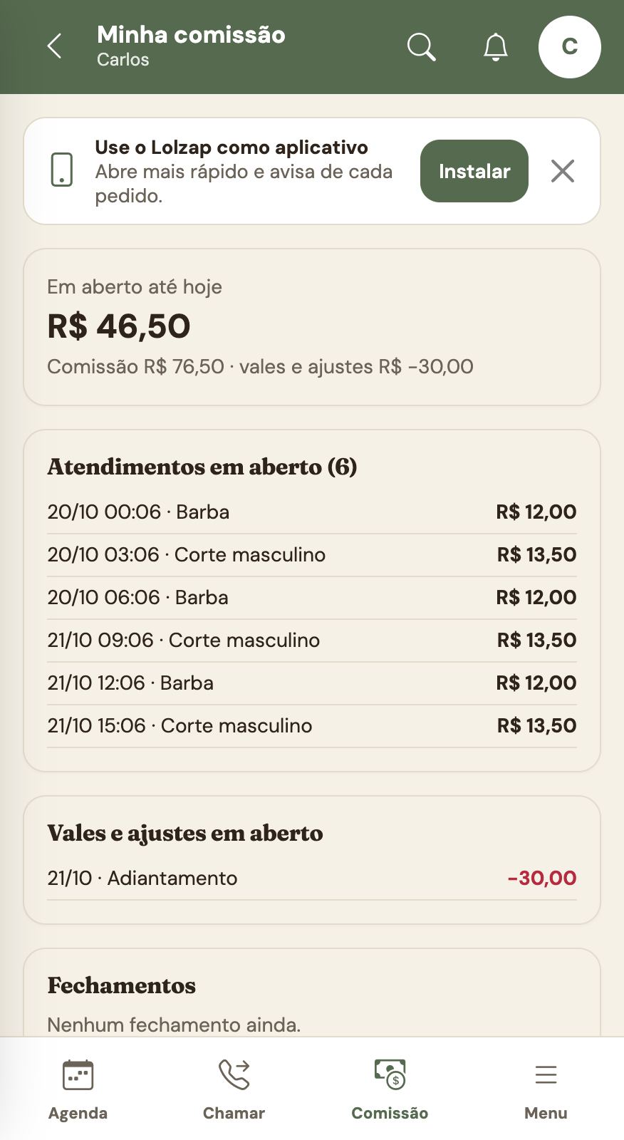 Minha comissão no login do barbeiro