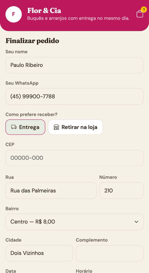 Entrega, data e recado