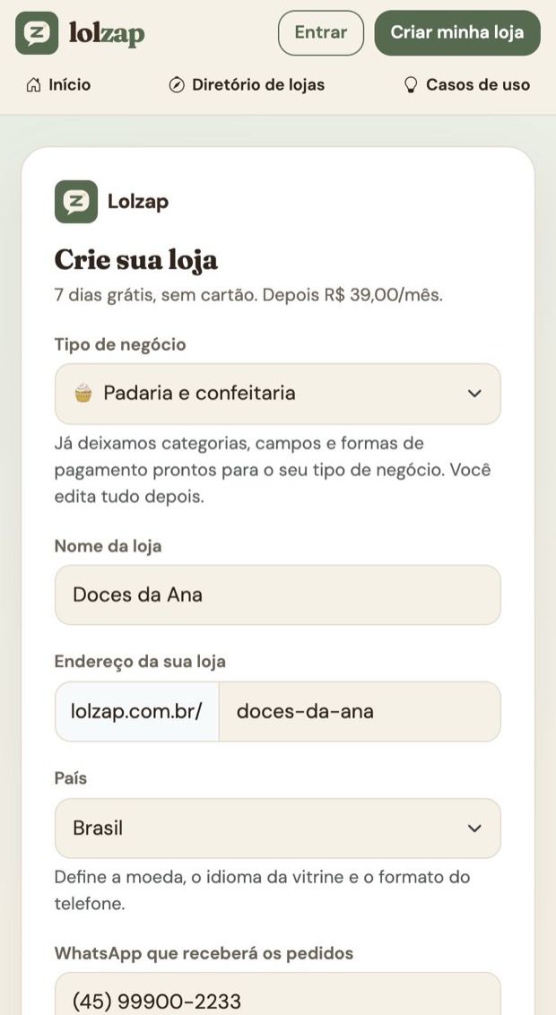 Cadastro com o tipo de negócio