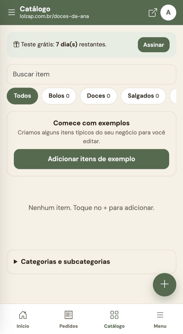 Catálogo vazio e itens de exemplo