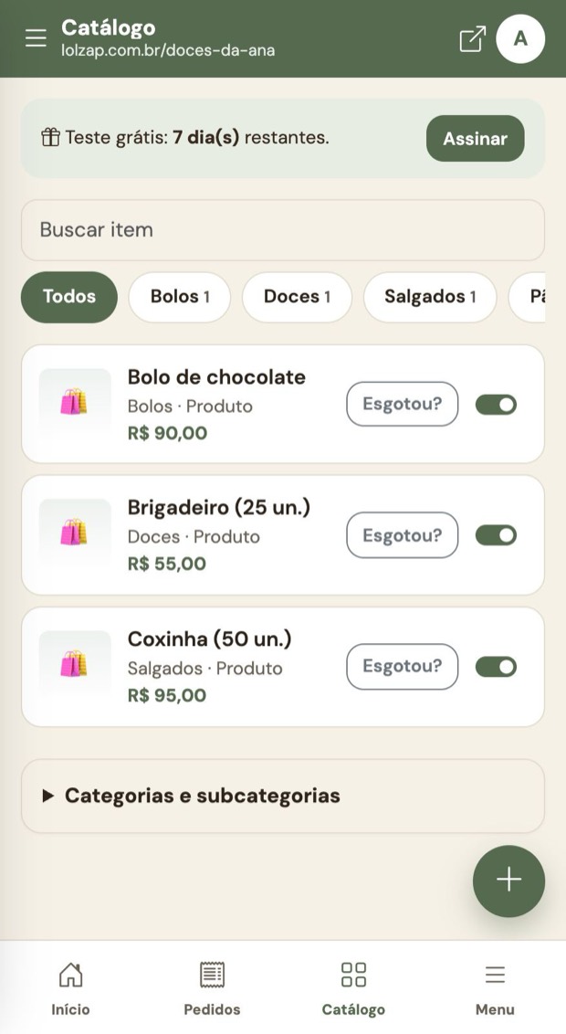 Itens criados por categoria