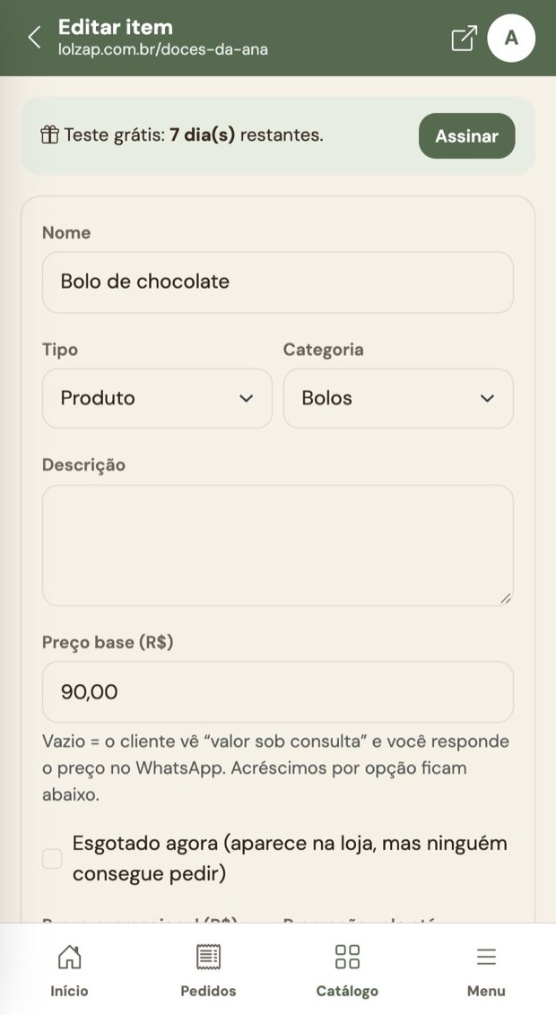 Edição do item