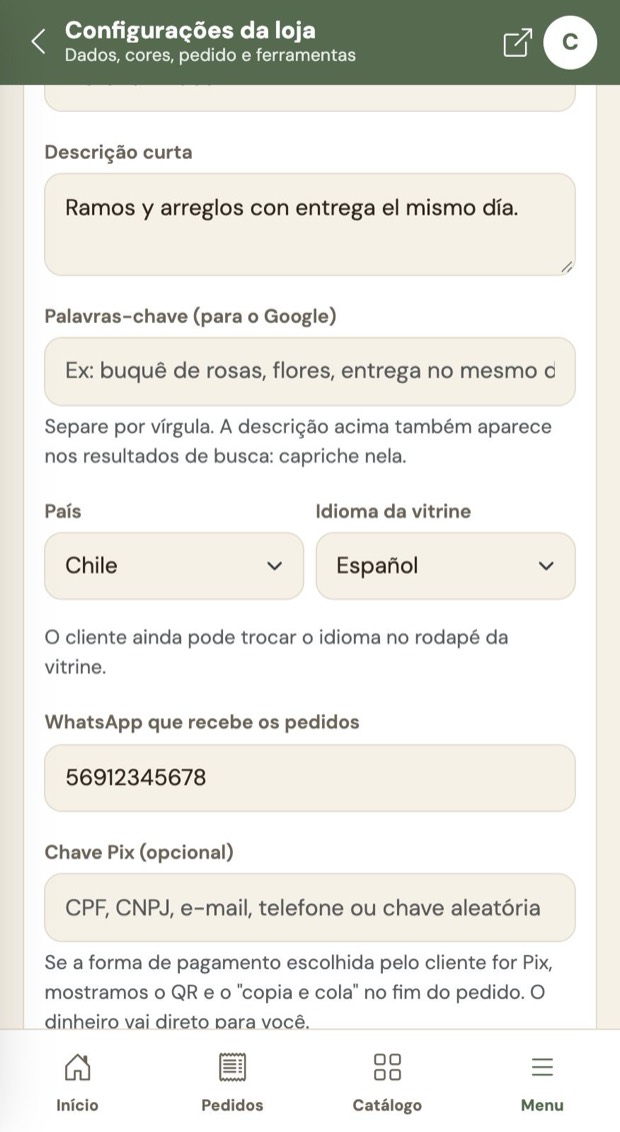 País e idioma da vitrine